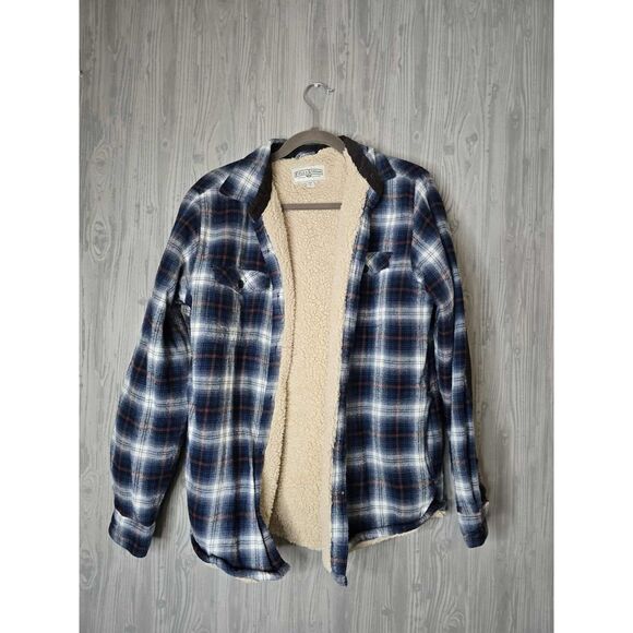 Field & Stream Sherpa Lined Flannel Shirt Jacket Plaid Navy Blue Brown Small - Picture 1 of 6